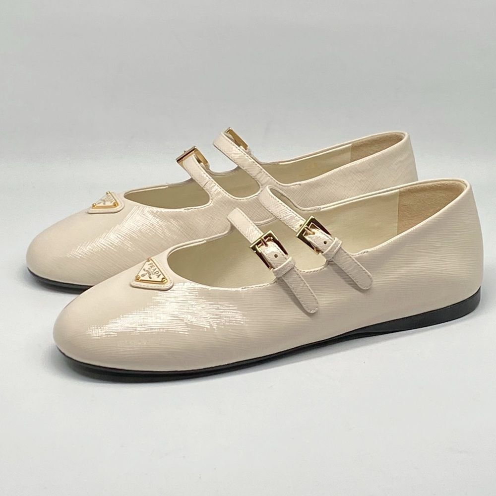 Prada Leather Double-Strap Triangle Logo Ballerina Flats